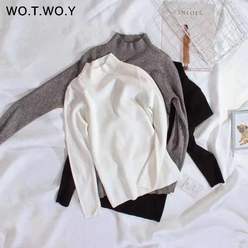WOTWOY 2018 الكشمير محبوك النساء سترة بلوفرات المدورة الخريف الشتاء الأساسية النساء البلوزات الكورية نمط بدلة سوداء ضيقة من الخصر