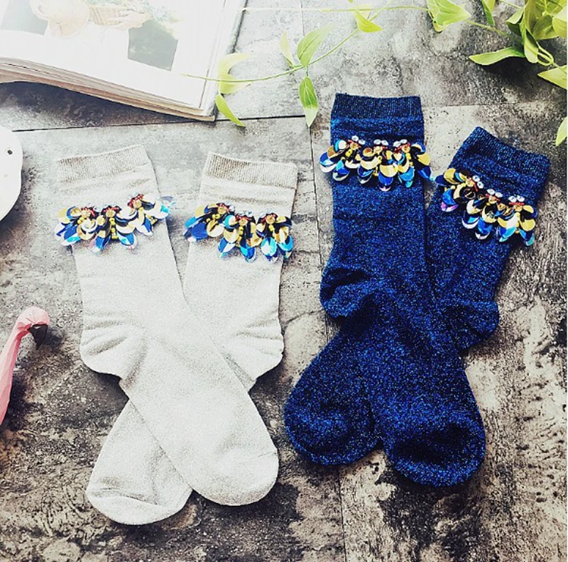 gtglad 2018 New Arrived Korean Style Fashion Glitter Socks Women Spring Winter Sequins gem Candy Color Hand-made Socks