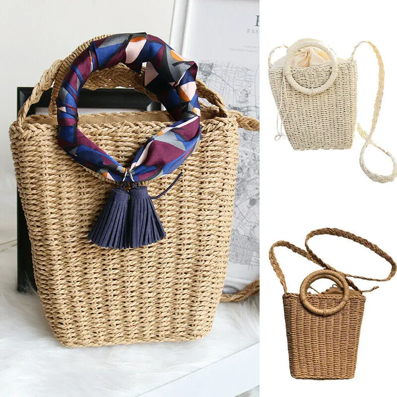 

2019 Straw Woven Bag Handmade Rattan Woven Vintage Retro Straw Rope Knitted Women Crossbody Handbag Summer Beach Bag