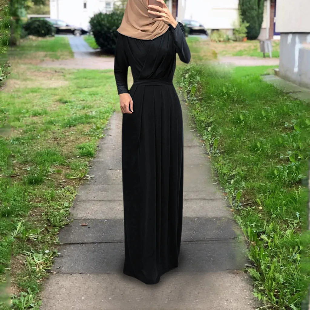 Мусульманское платье абайя женское модное исламское арабское длинное хиджаб гофрированное индийское женское мусульманское платье Burqa Jilab abaya_ 3,30 - Цвет: BK