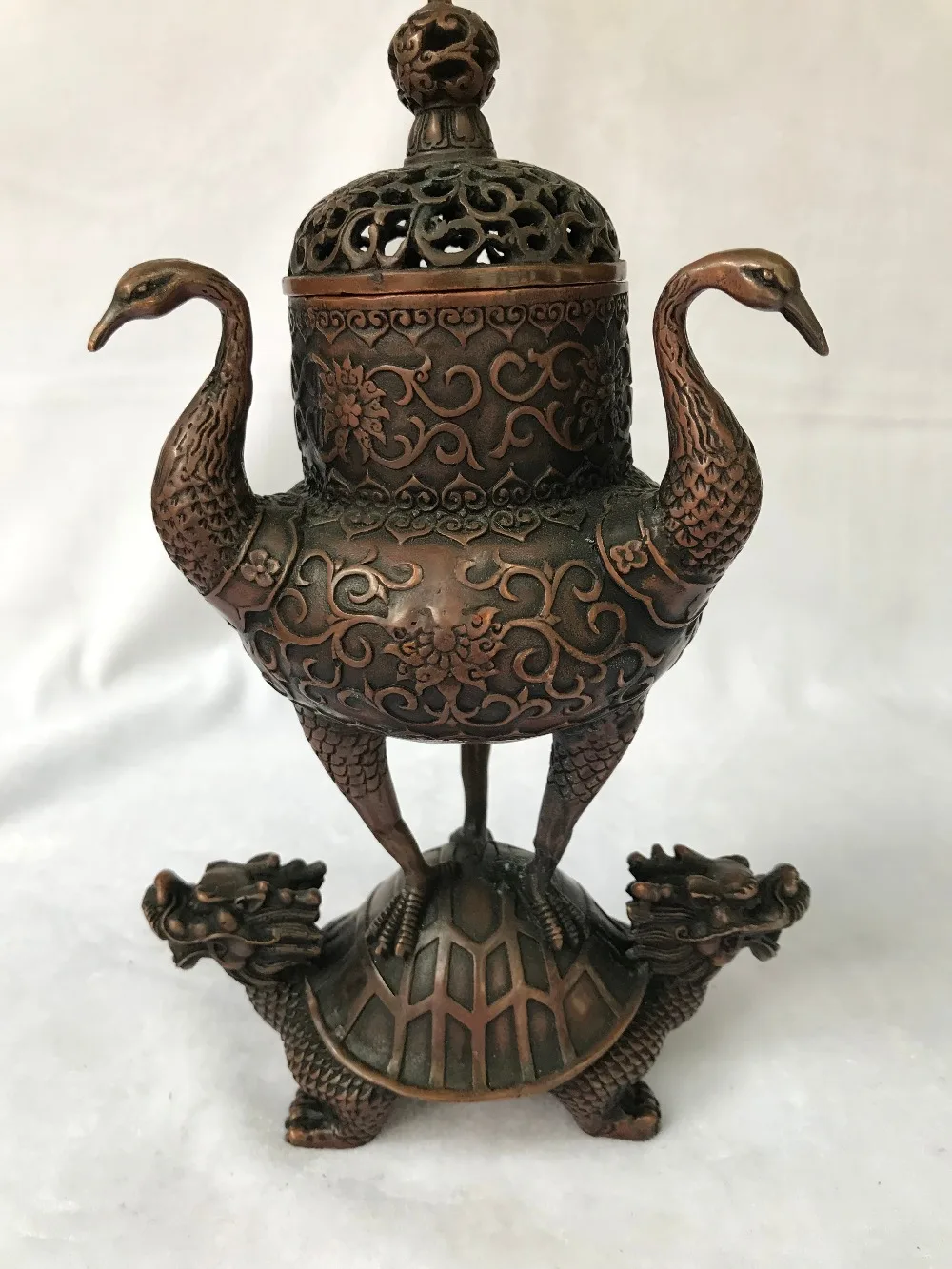 Chinese Red Copper Crane Bird Dragon Turtle Incense Burner Censer