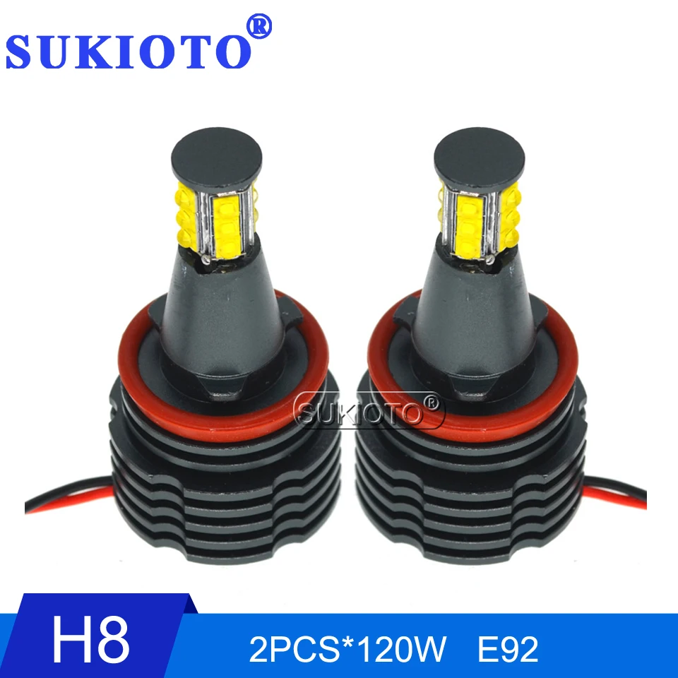 SUKIOTO 2PCS120W H8 LED Angel Eyes LED Marker DRL light 4800LM White 6500K For BMW E90 E91 E92 X5 E71 X6 E82 E87 M3 E60 E70 12V (8)