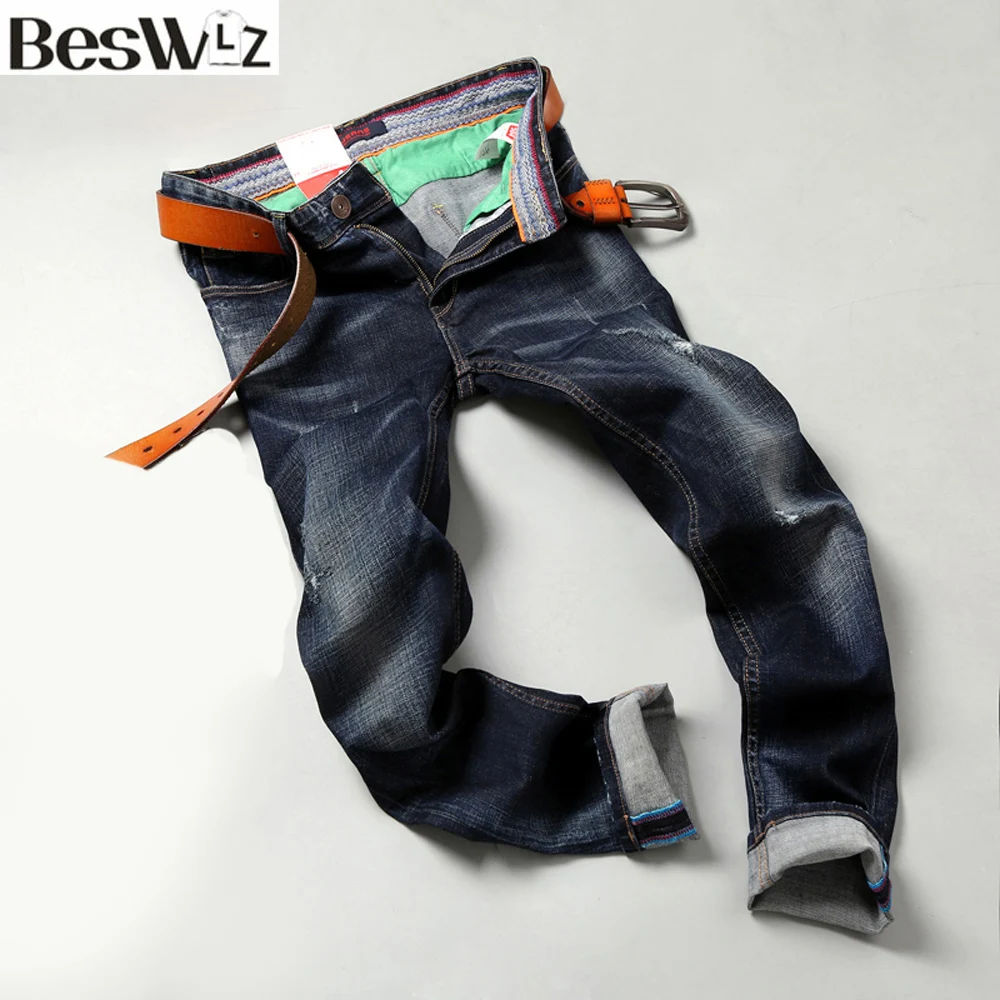 

Beswlz Men Denim Jeans Mid-weight Straight Slim Male Scratched Jeans Pants Casual Business Style Men Blue Ripped Jeans 9501