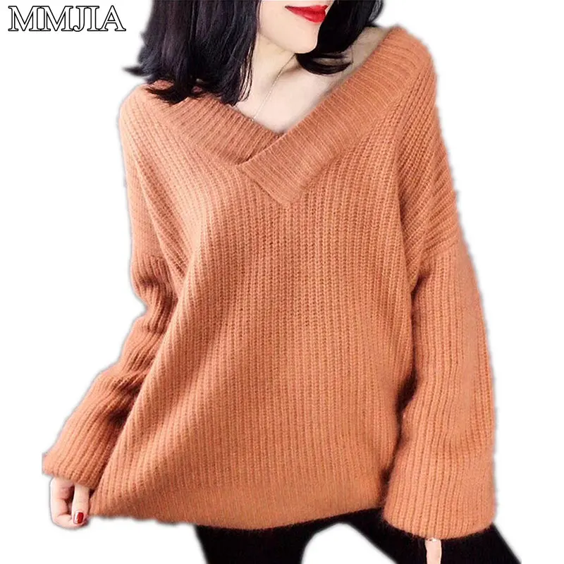MuMuJia Knitted Sweater Autumn Women Plus Size V Neck Loose Sweater Pullovers Ladies Winter Solid Color Cashmere Sweaters Tops