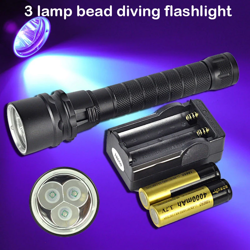 

3*CREE XP-E LED 100M Diving Flashlight Purple Light supplementary lighting for underwater photography and video shooting