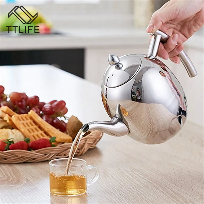 Koop TTLIFE Rvs 1L 1.5 Koffie Pot Met Zeef Duurzaam Theepot Koffie Waterkoker Huishouden Keuken coffeeware Thee Tool