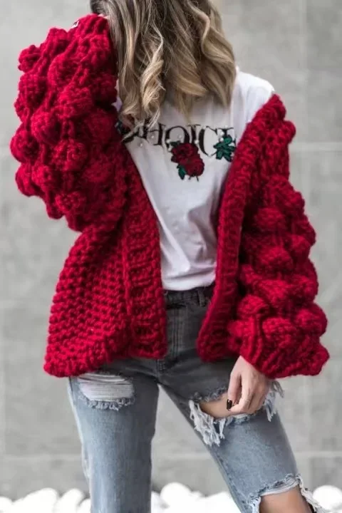 Women Fashion Korean American Long Lantern Sleeve Knitting Cardigan sweater Women Knitted Casual Warm Cardigan Shawl Sweater