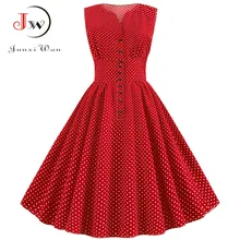 Las mujeres verano rojo Vintage vestido Polka Dot 50S 60S Pin Up Rockabilly De talla grande Botón De línea Vestidos De Fiesta 2021