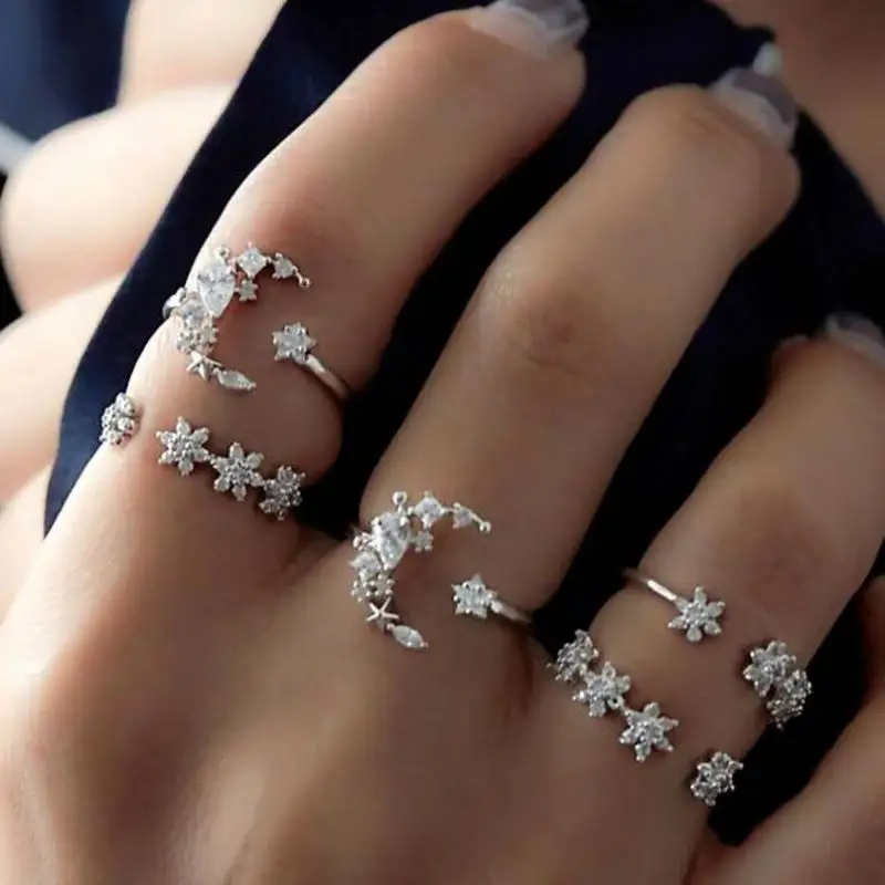5pcs/set Ring For Women White Crystal Star Carved Knuckle Rings Set Midi Finger Ring Statement