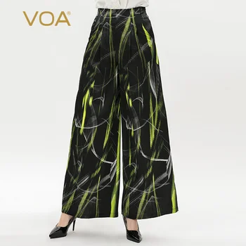 

VOA silk printed mid-waist long minimalist loose casual silk wide-leg pants K956