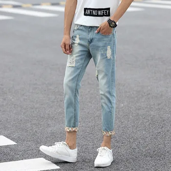 

Teenager Ankle-Length Taper Denim Pants Men Punk Style Streetwear Ripped Jeans Men Slim Fit Long Casual Pants AA51458