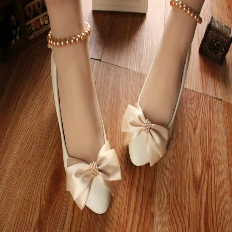 

Champagne Bow Bridesmaid Shoes For Wedding Women Pumps Beading Ankle Straps Cheap Low Heels Bridal Shoes 3cm/5cm/8cm