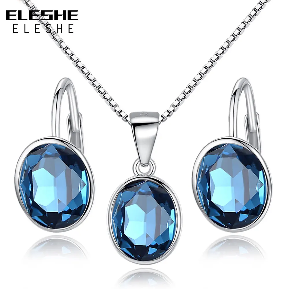 

ELESHE Bridal Wedding Jewelry Set for Women Earrings Necklace 925 Silver Jewelry Sets with Blue Crystal Stones Accessories