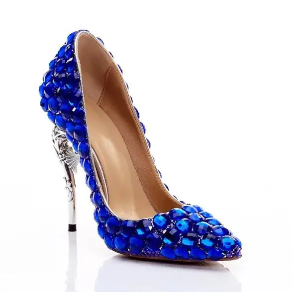 BuonoScarpe/пикантные женские туфли-лодочки; шикарные свадебные туфли для невесты; туфли-лодочки на высоком каблуке с острым носком, украшенные стразами; вечерние туфли на каблуке - Цвет: Королевский синий
