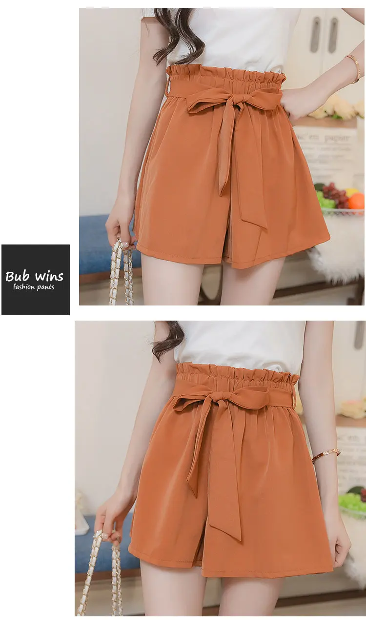 Summer Fashion Women Shorts High Waist Brown Chiffon Shorts Female Bow Elastic Waist Wide Leg Shorts Ladies Cortos Mujer 2018 (2)