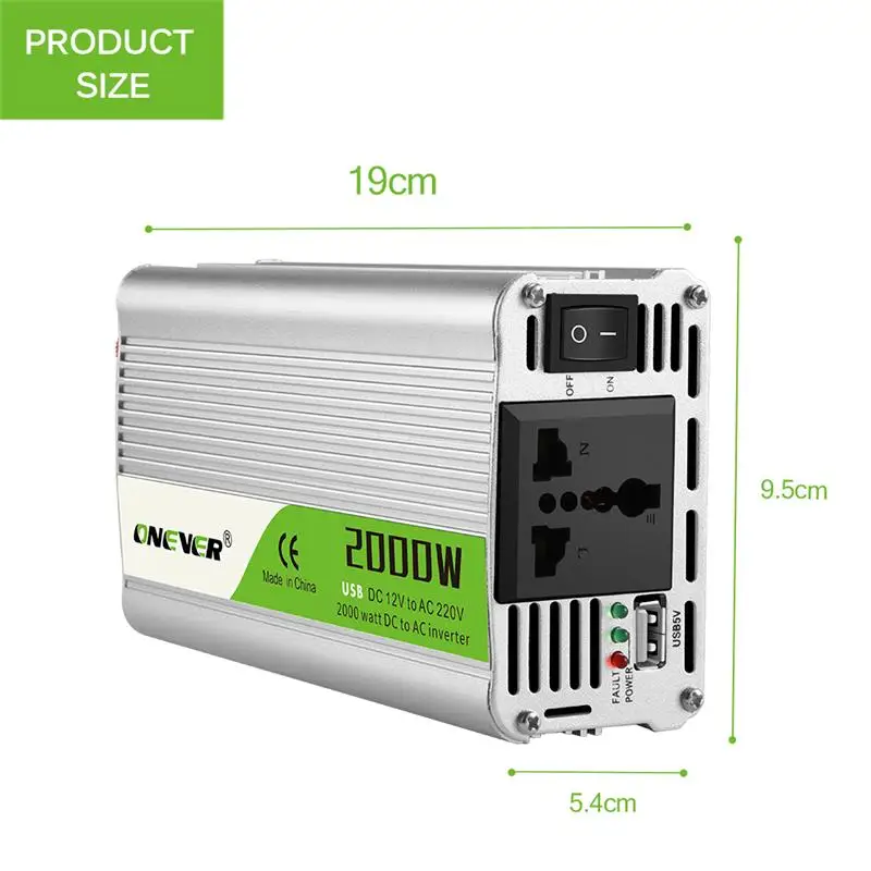 Портативный 2000 Вт автомобильный преобразователь мощности DC 12 В к AC 220 В модифицированная Синусоидальная волна с выходами переменного тока 2.1A USB зарядное устройство