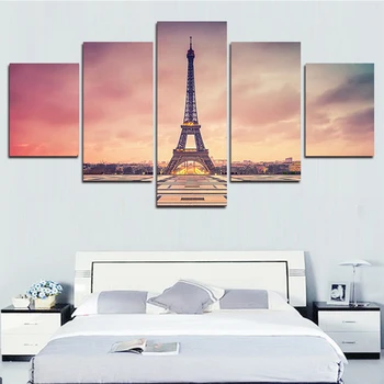 

2016 New Arrival Hot Sale 5 Panels Eiffel Tower Artwork Canvas Painting Wall Art Paintings For Living Room Decor Prints Picture