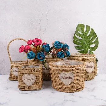 

Straw Woven Flower Basket Bamboo Weaving Willow Handmade Flower Basket Decorative Flower Pot Floral Shop Wedding Party Supply
