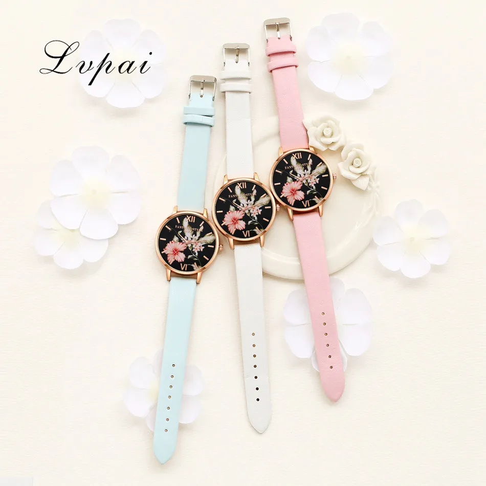 Lvpai Brand Women Bracelet Watch Fashion Rose Gold Flowers Leather Simple Women Dress Watches Luxury Business Clock Watch