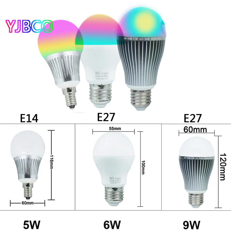 

2.4G Milight Led Bulbs 5W 6W 9W E27 RGBW RGBWW Dimmable Led bulb Lamps and Wireless 4-Zone RF Remote Controller