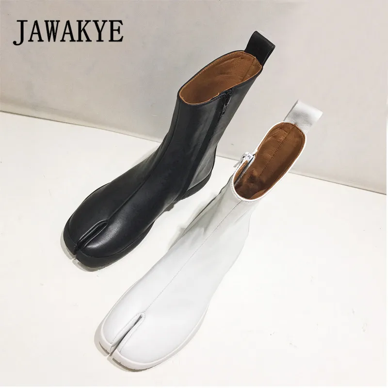JAWAKYE новые черные и белые ботильоны с разрезом для женщин из натуральной кожи на