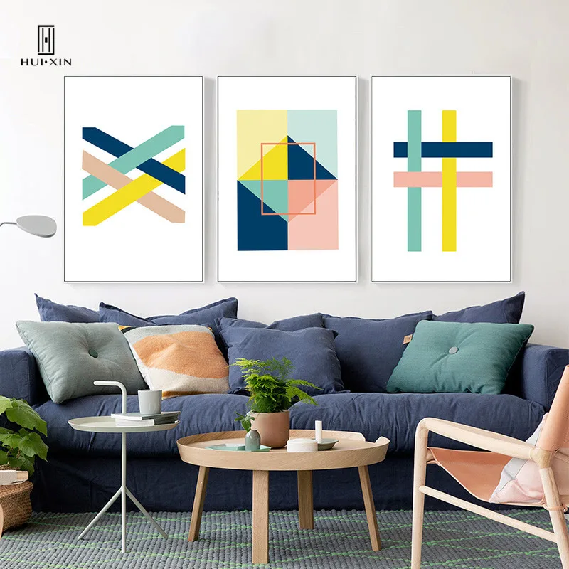 

Abstract Geometric Patterns Post-Modern Fashion Bright Yellow and Blue to Add Richness to Home Decor Murals for Room and Hallway