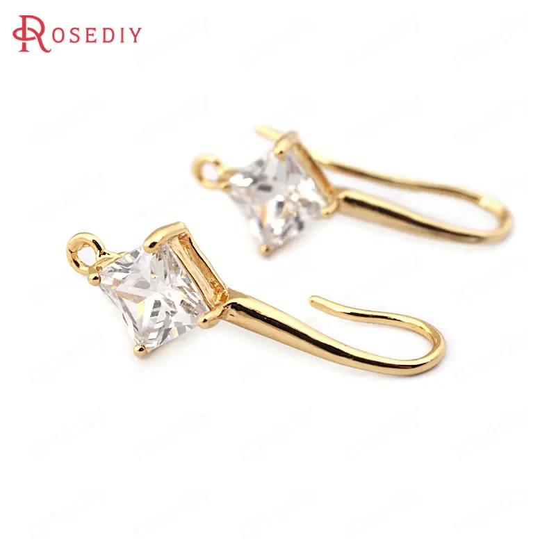 

(33774)6PCS 24MM Rhombus 6MM 24K Gold Color Brass with Zircon Rhombus Earrings Hooks High Quality Jewelry Findings Accessories