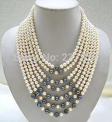 

HOT## Wholesale price FREE SHIPPING^^^^Stunning 7 Rows Real Black White Pearl Beads Wide Necklace