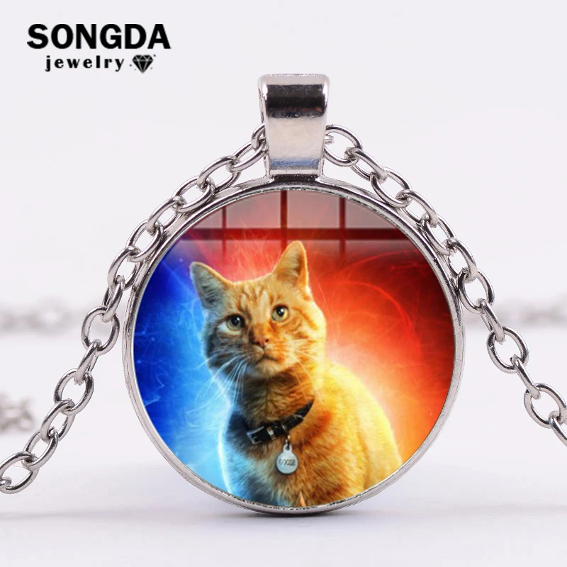 

SONGDA Super Hero Captain Marvel Necklace Cute Orange Cat Goose Glass Cabochon Pendant Necklace Gift for The Avengers Movie Fans