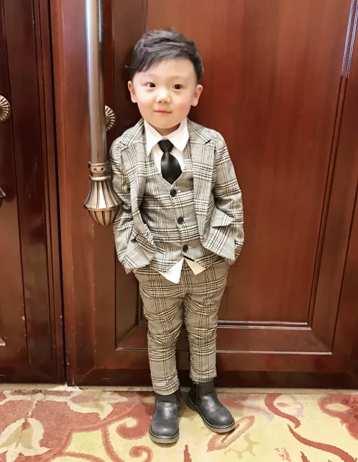 lattice Kids Blazer Baby Boys Suit Jackets Formal Coat+ Pants+vest 3Piece Boy Suits Formal For Wedding Chlidren Clothing