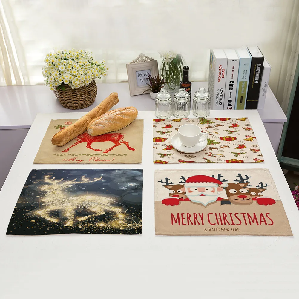 

1Pc Cotton Linen Placemats Merry Christmas Santa Claus Snowman Printed Home Decorative Table Mat Kitchen Coffee Mat 42*32cm