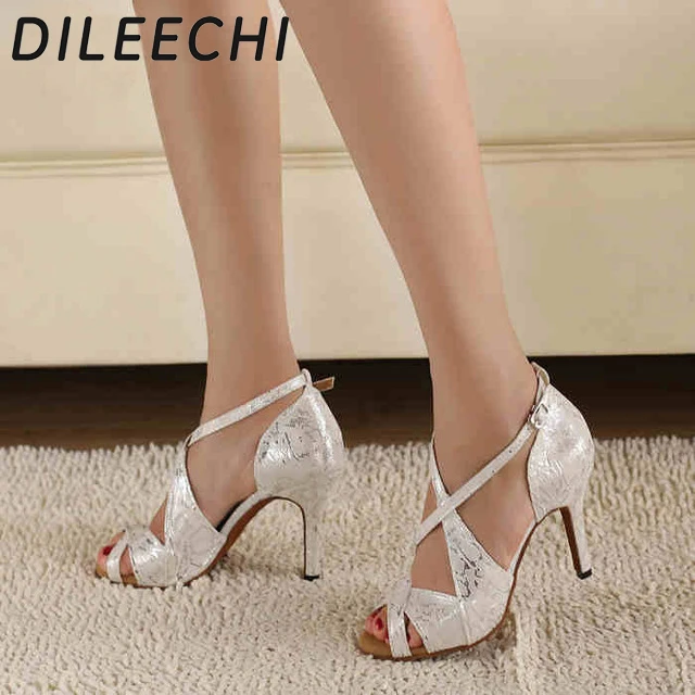 DILEECHI zapatos de baile latino para mujer, calzado de satén blanco con leopardo, venta al por mayor, zapatos de baile cuadrados para fiesta de Salsa, tacones altos de 8,5 cm|dance high