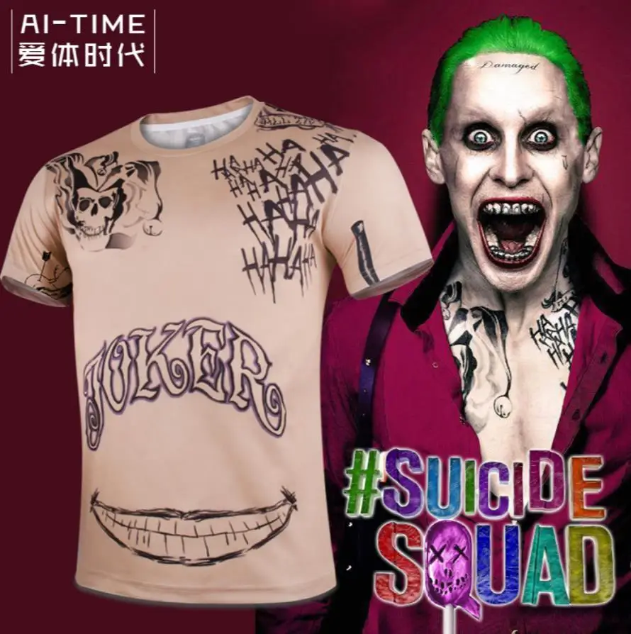 Image Hot Suicide Squad Joker Cosplay Costume Movie Short T shirt Tattoo Top Polyester fiber Tees Halloween