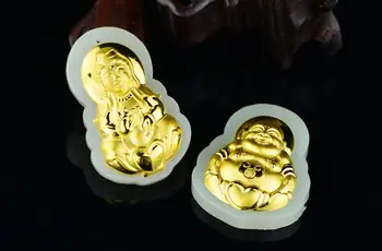 

Gold gold inlaid jade Guanyin Buddha pendant Couples men and women models natural A goods jade pendant h56#