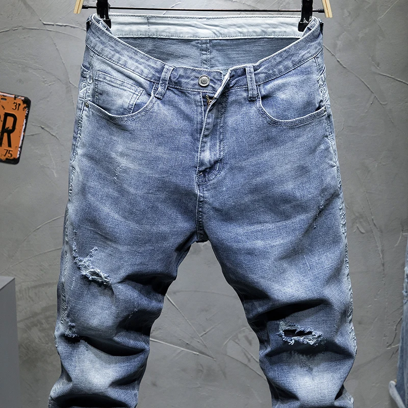 Для мужчин джинсы Slim Fit Light Blue Эластичный выдалбливают разорвал ноги Jogger Брюки Мужской досуг Modis Trend уличной джинсы homme