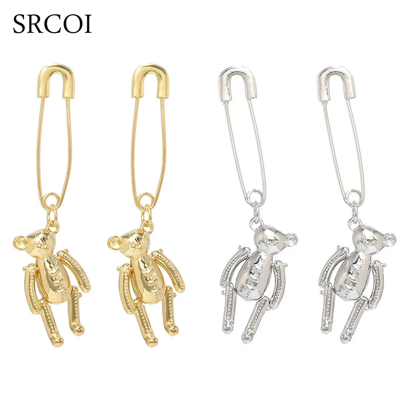 SRCOI, особенные серьги в виде медведя золотого и серебряного цветов, подвеска, безопасная булавка, длинные серьги в виде капель для женщин и мужчин, парные серьги, ювелирные изделия