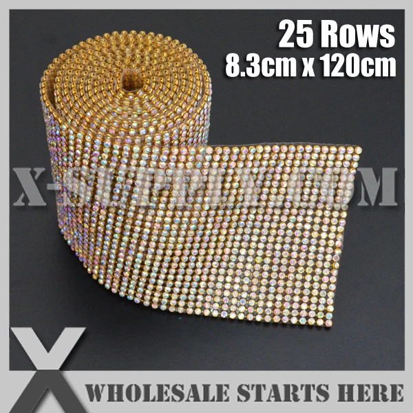 

3mm 25 Rows Metal Rhinestone Mesh Trim Crystal AB Rhinestone in Gold Base with Back Glue for Bridal Dress,Cake Stand,Wine Bottom