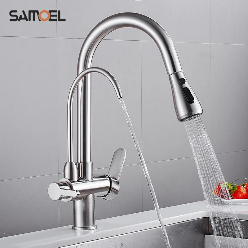 Samoel Brass Kitchen Water Filter Mixer Taps Nickel Brushed 3 Way