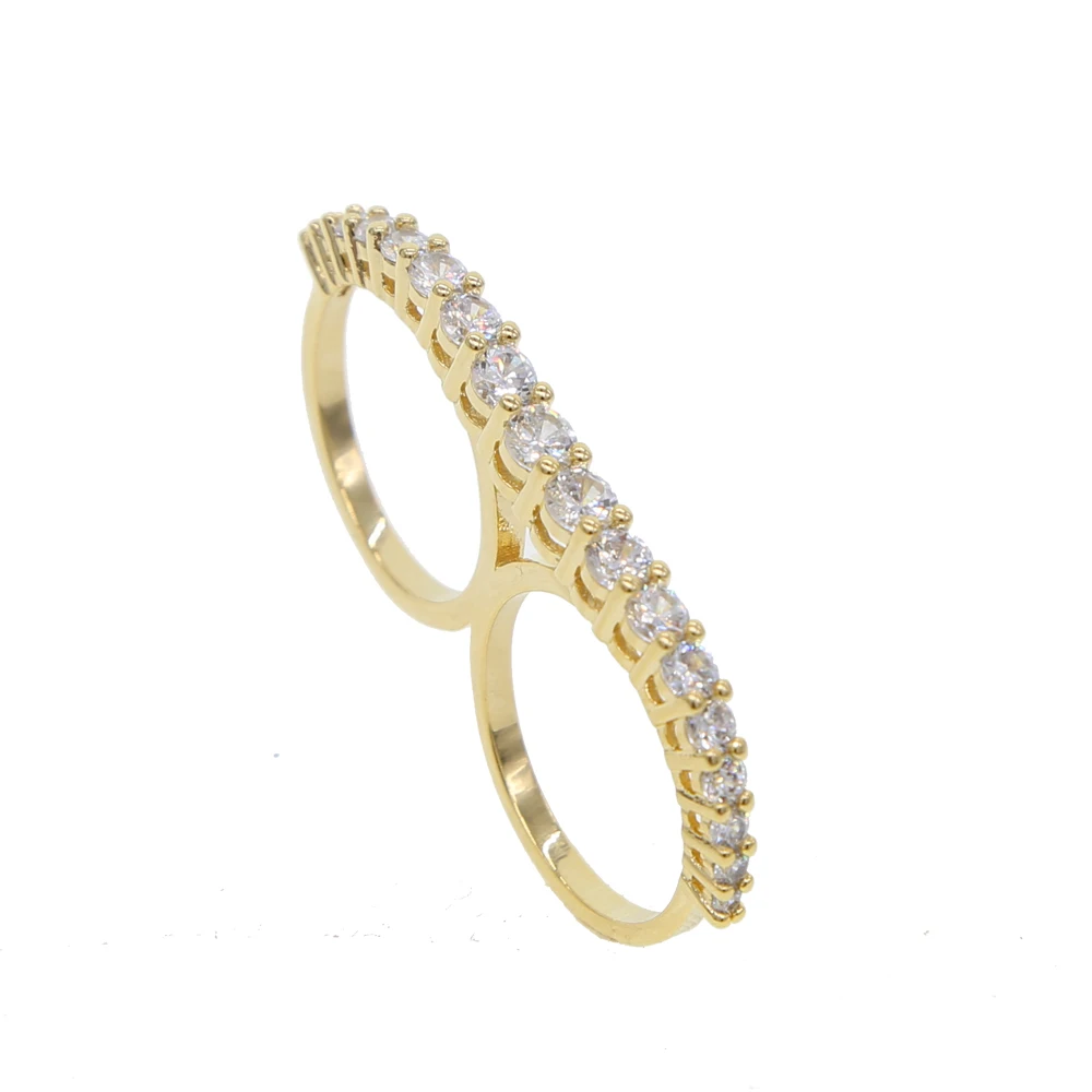 

2018 gold color ring mothers day gift full cz paved two finger ring size6 7 wedding party delicate dainty double ring drop shipp