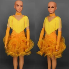 Для детей с отделкой из перьев, выступление на сцене конкурс Бальные Латинский танцевальный костюм платье для танцев для девочек фламенко платье