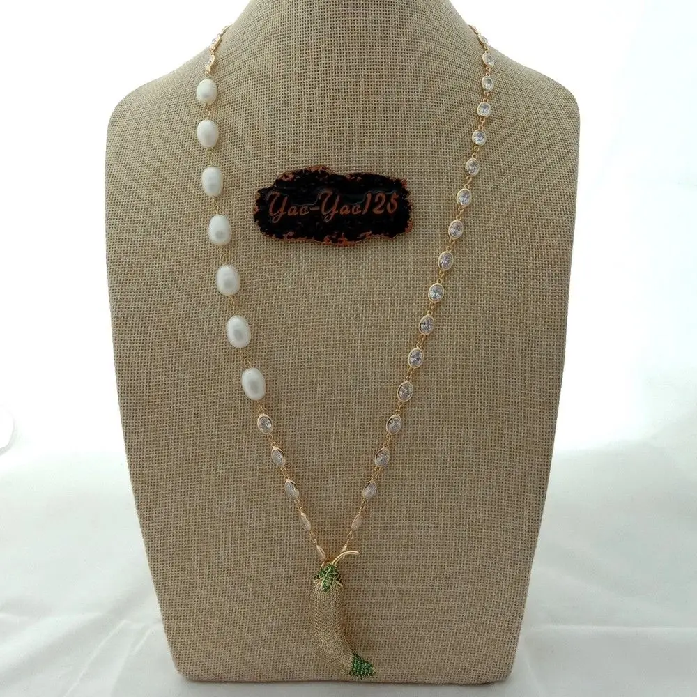 

26'' White Rice Pearl Chain Necklace Cz Melongena Pendant