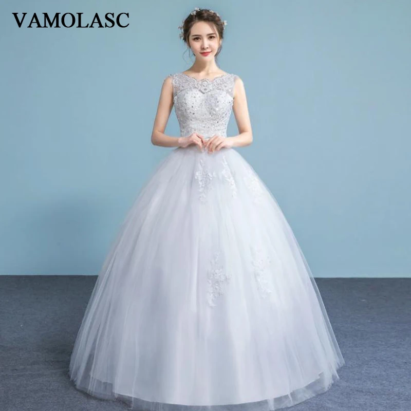 

VAMOLASC Illusion Sequined O Neck Lace Appliques Ball Gown Wedding Dresses Bow Sash Tank Backless Bridal Gowns