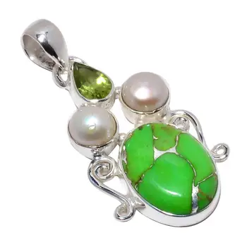 

Nature Copper Turquoise + Pearl + Peridot Pendant 925 Sterling Silver, 41.1 mm, 2SP0048