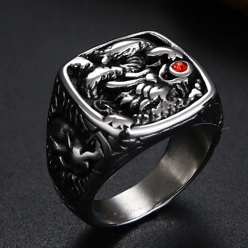 Мужское Золотое черное кольцо EdgLifU, Золотое кольцо с драконом и красным камнем, Винтажное кольцо из нержавеющей стали, панк кольцо на палец для мужчин