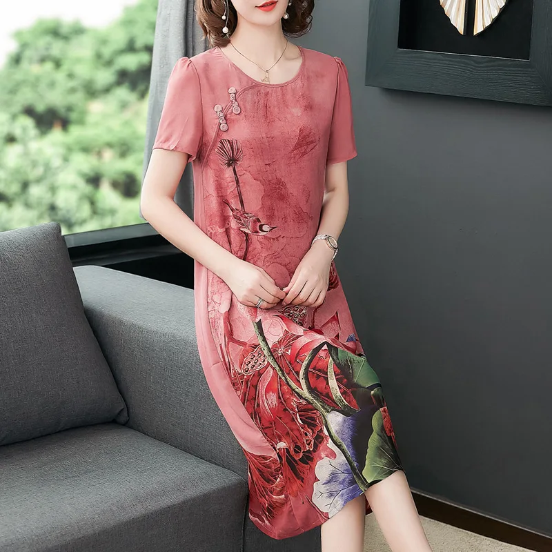 Most Buy rVj6Y Silk dress female summer new retro print Slim short sleeved dress large size L 5XL high quality elegant and comfortable vestidos