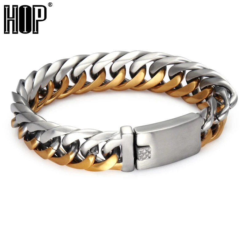 Хип Прохладный двухцветный золотой цвет для мужчин браслет 316L нержавеющая сталь Снаряженная Кубинский звено цепи браслеты для