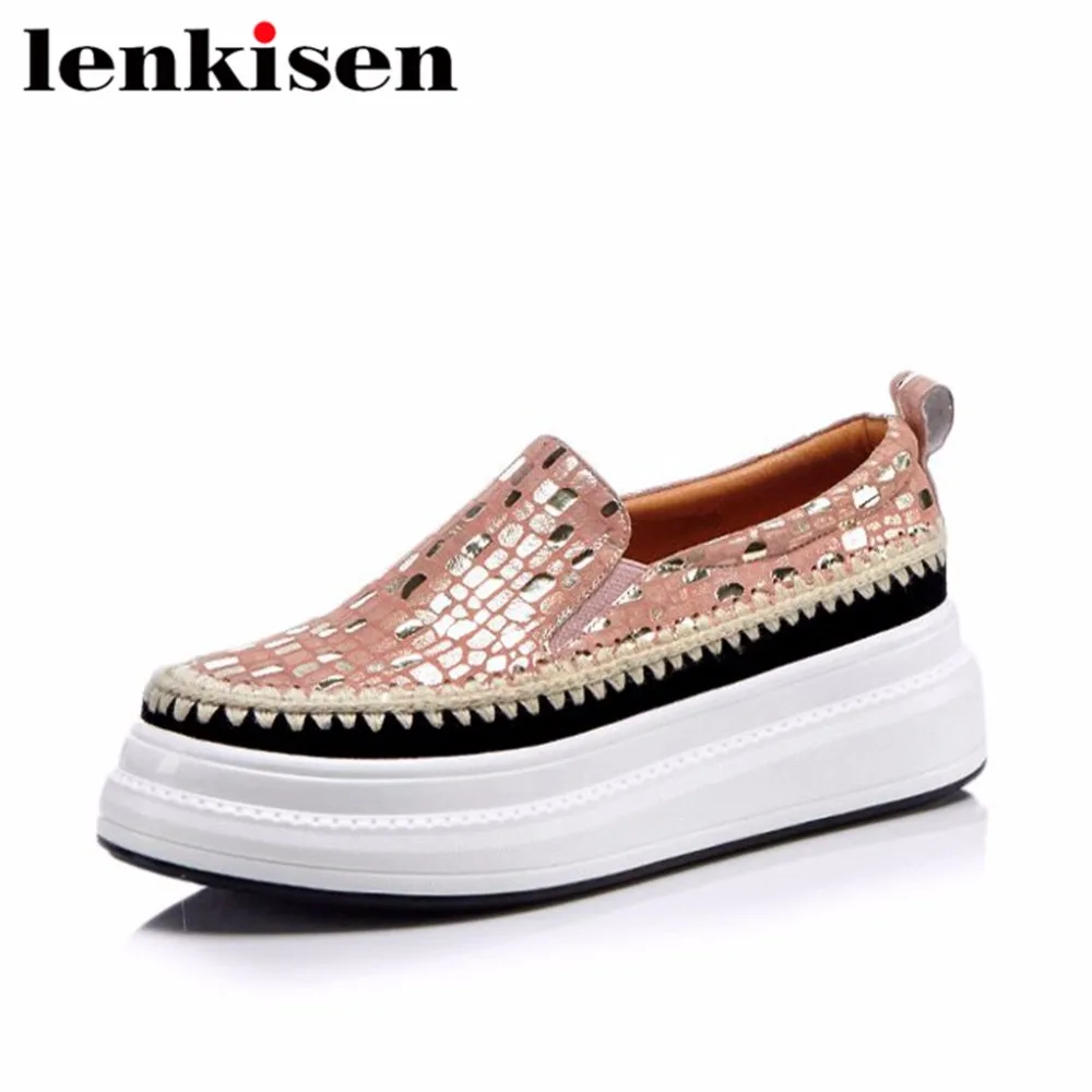 

Lenkisen platform slip on natural leather round toe thick med bottom korean girls new fashion women vulcanized leisure shoes L72