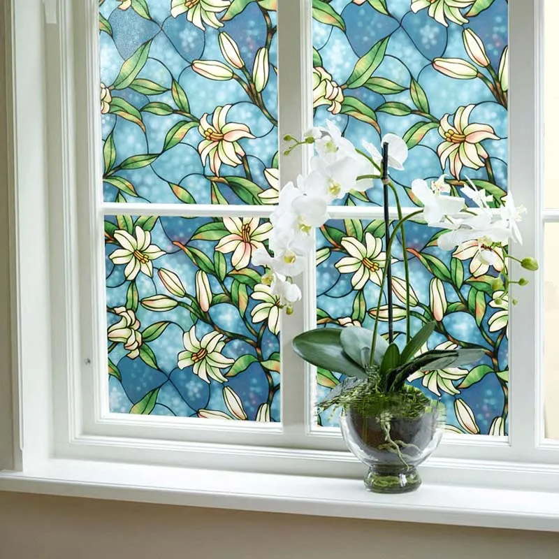 45X200cm Thickening and Color Lily Flower Pattern Window Films for