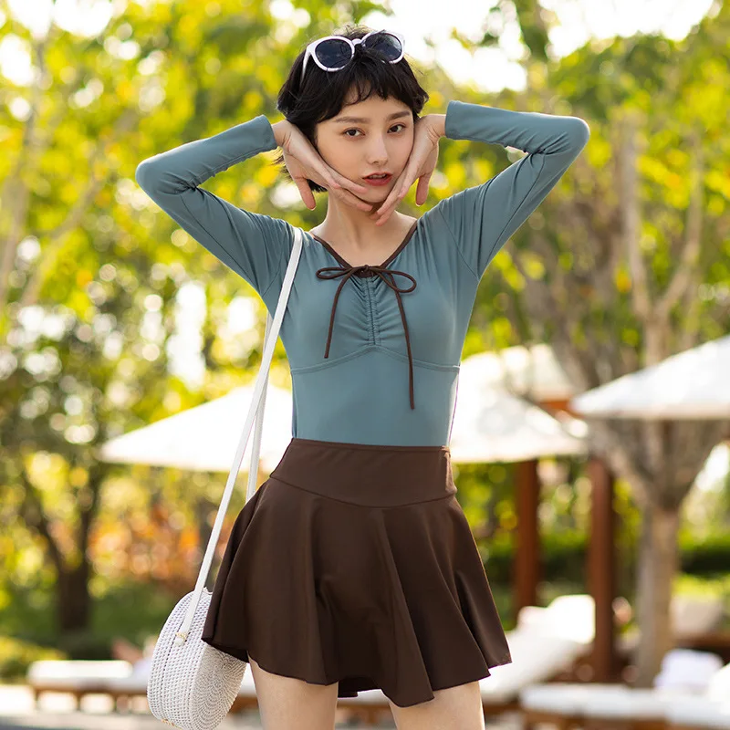 

Swimming Suit For Women Swimsuit Push Up One Piece Thong Summer Korean Ins New Long Sleeve Skirt Soak 2019 Solid Spandex Sierra
