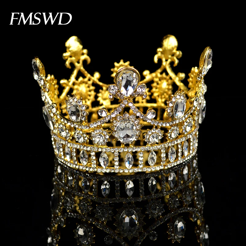 

Luxury Baroque Round Crystal Tiara Gold Color Rhinestones Bridal Princess Crown For Bride Tiara Hair Ornaments Wedding Headdress